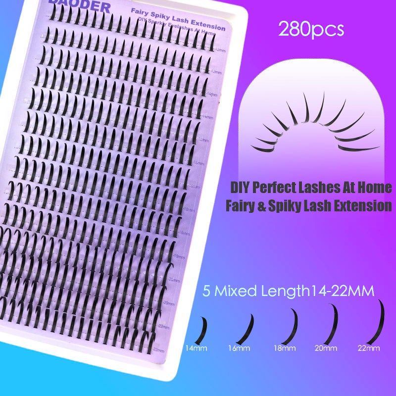 داودر رموش DAODER الجنية المدببة، رموش مانغا مدببة 14-22 مم، وصلات رموش أنمي هجينة بمظهر رطب، رموش فردية مجعدة على شكل حرف D، تركيب منزلي 280 قطعة - Image 3